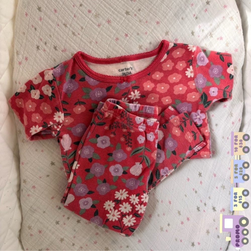 ⭒ 3T Carter's Red Floral Two Piece Set Pretty Bow Long Sleeves Pink Purple ⭒